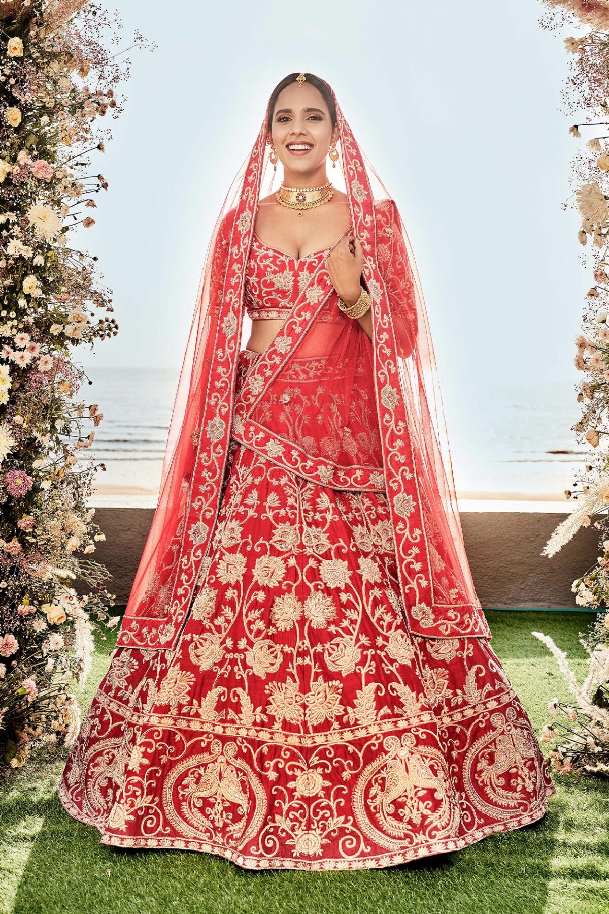 Parakeet Garden Lehenga Set- Red